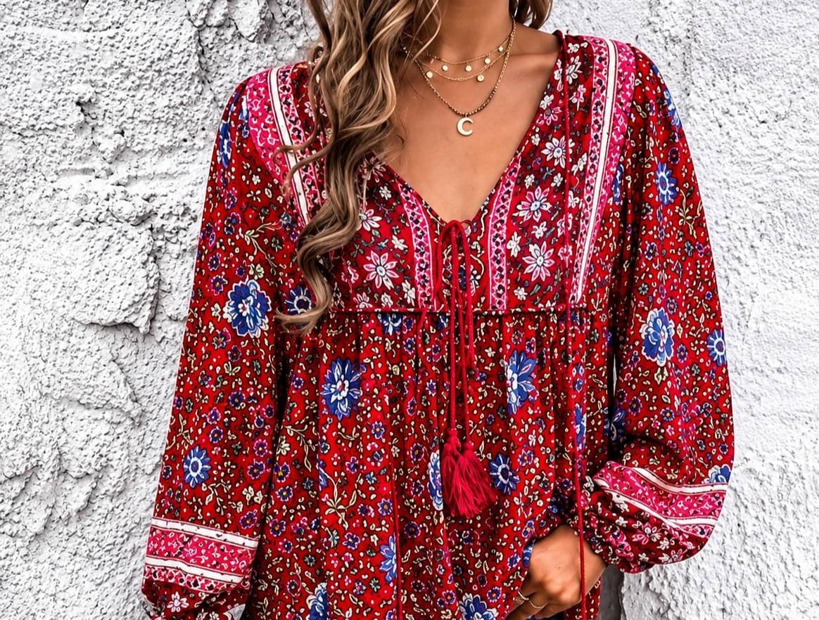 Crimson Boho Peasant Blouse